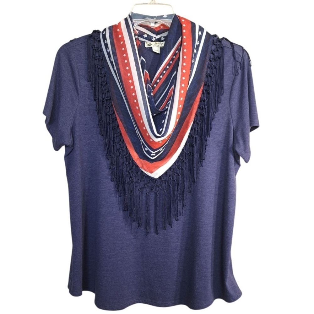 Unity Blue Women's Shirt With Built In Fringe Scarf‎ Size XL USA Red/White/Blue